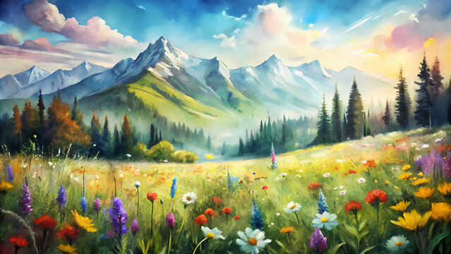 Fototapeta Tranquil Watercolor Summer Landscape - Printable Digital Painting of Wildflowers and Mountains