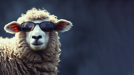 Funny fluffy sheep with curly wool, wearing sunglasses