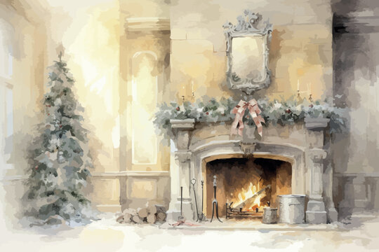 Artistic concept painting of a Christmas time. Wood burning in a cozy fireplace at home