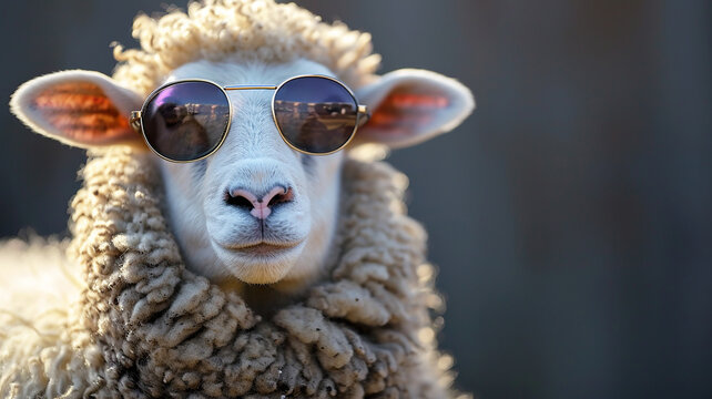 Funny fluffy sheep with curly wool, wearing sunglasses