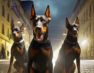 Three Doberman pinschers patrolling city streets under the night sky.