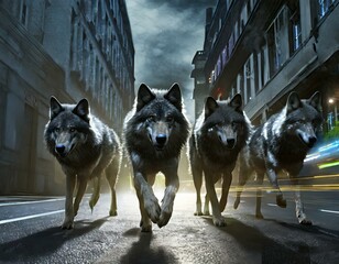 Wolf pack prowling through city streets under the moonlit night.