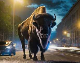 Bison wandering urban streets under city lights at night.
