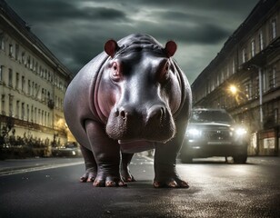 Hippo strolling amidst traffic on a chilly night street.