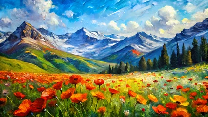 Foto auf Glas Colorful Poppy Flowers in Mountain Landscape - Horizontal Oil Painting with Impasto Technique © PhotoPhreak