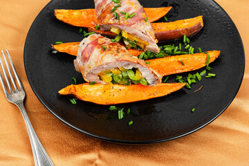 Meat roll and roasted sweet potatoes.