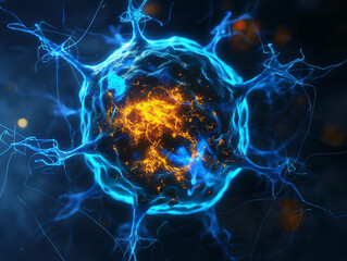 A striking image of a neuron-like structure with vibrant blue tendrils emanating from a central fiery orange core, illustrating a dynamic and complex neural network - obrazy, fototapety, plakaty