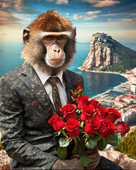Gibraltar monkey with red roses, backdrop of the Rock of Gibraltar.