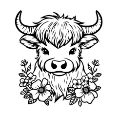 Highland cow head design with flowers on white background. Farm Animal. Cows logos or icons. vector illustration.