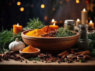 Wooden table with spices and herbs