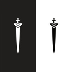 Swords in flat style and silhouettes isolated on white background. Icon set of ancient swords. Vector illustration. Medieval swords. Japanese sword katana.