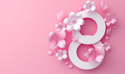 March 8 symbol in paper cut style with spring flowers. International Women's day pink background. Vector illustration. Place for text. Figure eight for greeting card, flyer or brochure template