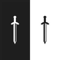 Swords in flat style and silhouettes isolated on white background. Icon set of ancient swords. Vector illustration. Medieval swords. Japanese sword katana. - obrazy, fototapety, plakaty