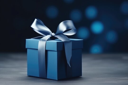 An elegant blue gift box tied with a silver satin ribbon, presented on a dark blue surface with bokeh lights. Luxury Blue Gift Box with Silver Ribbon on Dark Background