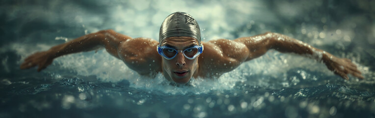 Professional male swimmer in action during an intense training session in an olympic pool - 746517423