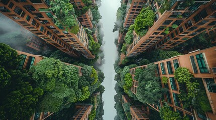 Multi-story buildings incorporate lush vegetation, purifying the air and promoting biodiversity in this innovative urban ecosystem