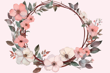 Beautiful vintage round frame with 3d light pink paper cut flowers. Vector illustration