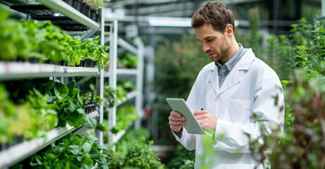Agronomist Monitoring Plants in High-Tech Greenhouse. A focused agronomist using a tablet to analyze and monitor plant health in a modern, high-tech indoor farm greenhouse.