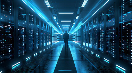 Technician Walking in Server Room Data Center. Silhouette of a technician walking through the illuminated aisles of a futuristic data center server room with blue lighting.