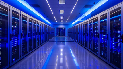 Data Center Dynamics: Network Operations Core. Symmetrical view of a data center corridor lined with server racks illuminated by blue LED lights. - obrazy, fototapety, plakaty