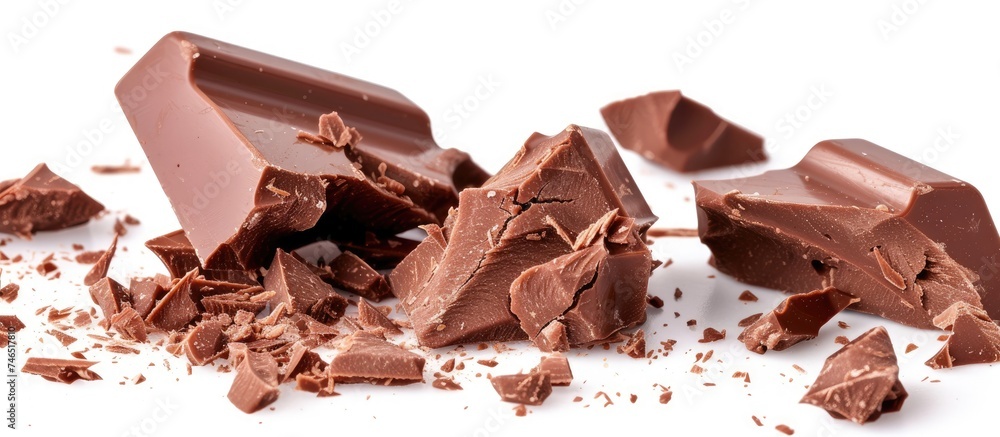 Poster a close-up view of a broken chocolate bar, showing the fractured pieces on a plain white background.