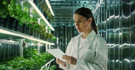 Scientist Analyzing Plant Growth in Hydroponic Farm. A focused female scientist is taking notes on the health and development of leafy greens in a hydroponic vertical farm.