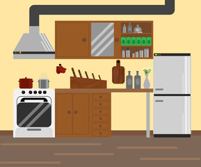 Cozy Little Kitchen Flat Design. Food cooking and domestic furniture concept illustration