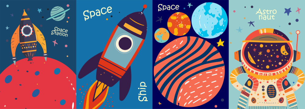 A playful and colorful collection of space-themed illustrations, showcasing a cartoonish style that is perfect for children's books or educational content.