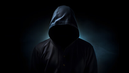 Dark man silhouette. Hacker in the hoodie on the dark