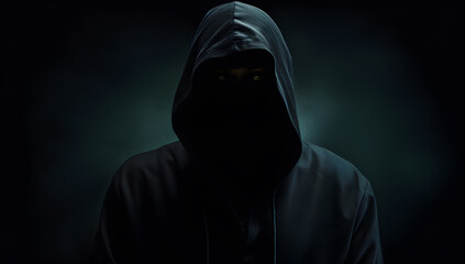 Dark man silhouette. Hacker in the hoodie on the dark