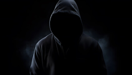 Dark man silhouette. Hacker in the hoodie on the dark - obrazy, fototapety, plakaty