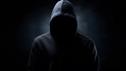 Dark man silhouette. Hacker in the hoodie on the dark
