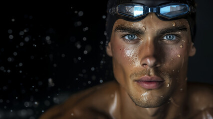 Close-up of a determined male swimmer wearing goggles, intense gaze with water droplets on his face. - 746518290