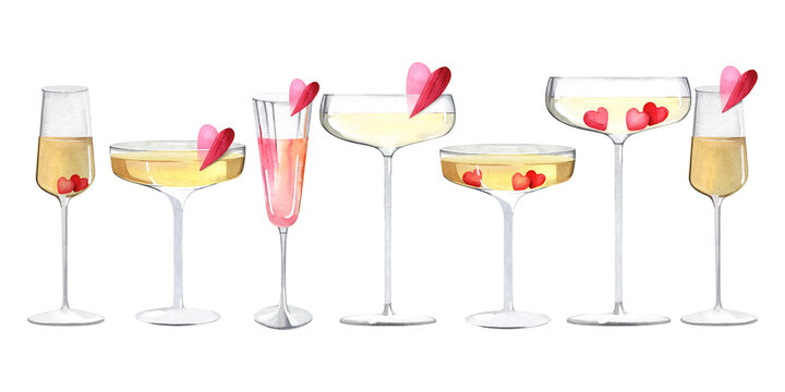 A variety of glasses with champagne. A fashionable alcoholic drink with a heart-shaped accessory. A glamorous cocktail for Valentine's Day. Watercolor illustration for background design, cards, banner