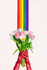 Magazine picture sketch collage image of lady holding tulips bouquet colorful rainbow isolated white color background