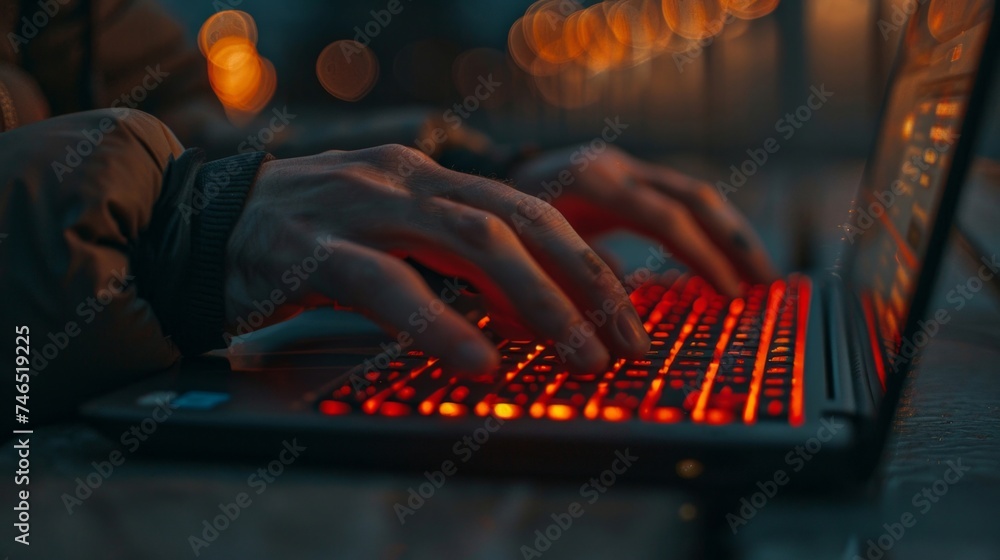 Poster close-up of hands typing on a laptop keyboard with red backlighting and warm bokeh lights in the bac