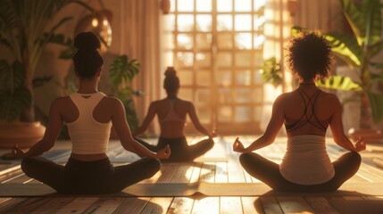 Three individuals engaged in a peaceful yoga meditation in a sunlit room, promoting wellness and tranquility.