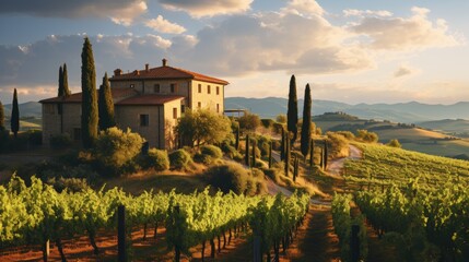 Idyllic tuscan vineyard with grapevines in golden sunlight and rolling hills landscape - obrazy, fototapety, plakaty