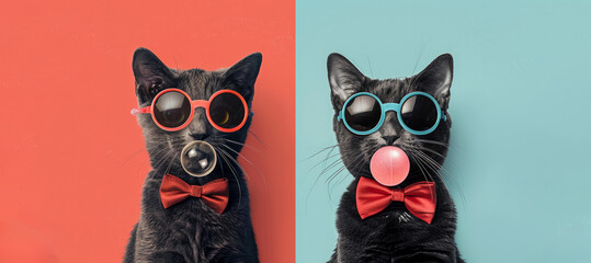 portrait of cat blowing bubble gum, wearing a red bow tie and neon goggles. dynamic backdrop, elegance with modernity. Banner for style and individuality, ideal choice for projects, from adv to social - obrazy, fototapety, plakaty