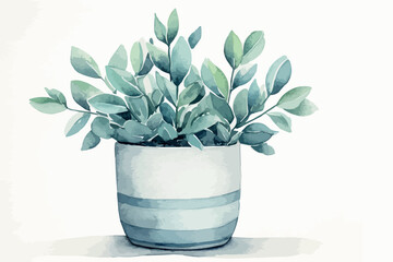 Hand drawn watercolor with flower in pot on white background