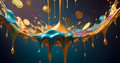 A spectacular visual of gold and teal liquids intertwining around Bitcoin and other coins, representing the volatile fusion of cryptocurrency markets. The image captures the blending of tangible - obrazy, fototapety, plakaty