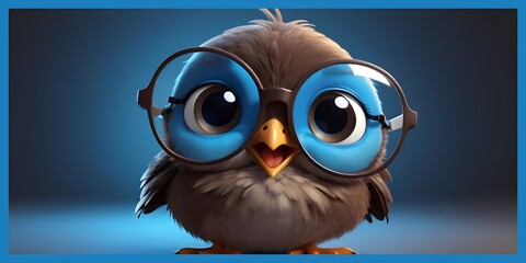 Cute baby blue bird wearing spectacles isolated on solid pastel background, baby blue bird wallpaper for kids, Creative animal concept, commercial, editorial advertisement background