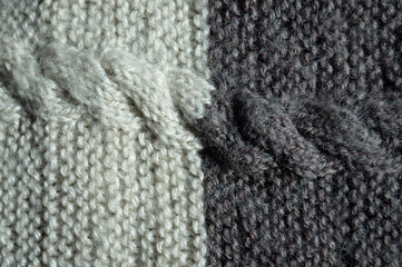 Handmade knitted fabric grey white wool background texture