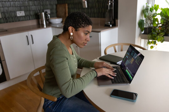 Young adult female computer programmer working from home on a laptop coding