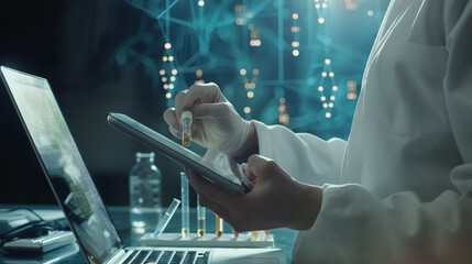 Scientists analyze information using a digital tablet. modern data visualizations. Generative AI digital Images.