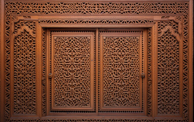 Intricately carved wooden door in traditional Islamic style Isolated on White Background.
