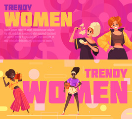 Obraz premium Trendy women hand drawn flat cartoon banner set