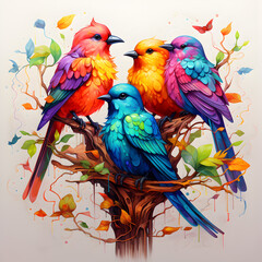 Colorful Painted Birds Posed together