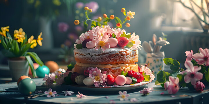 Cake adorned with flowers and fruits in enchanted garden generative IA