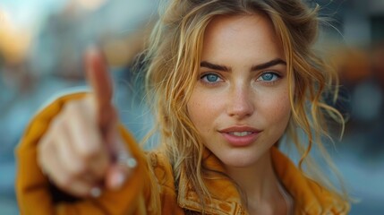 young woman pointing directly at the camera, with the focus on the pointing finger - obrazy, fototapety, plakaty